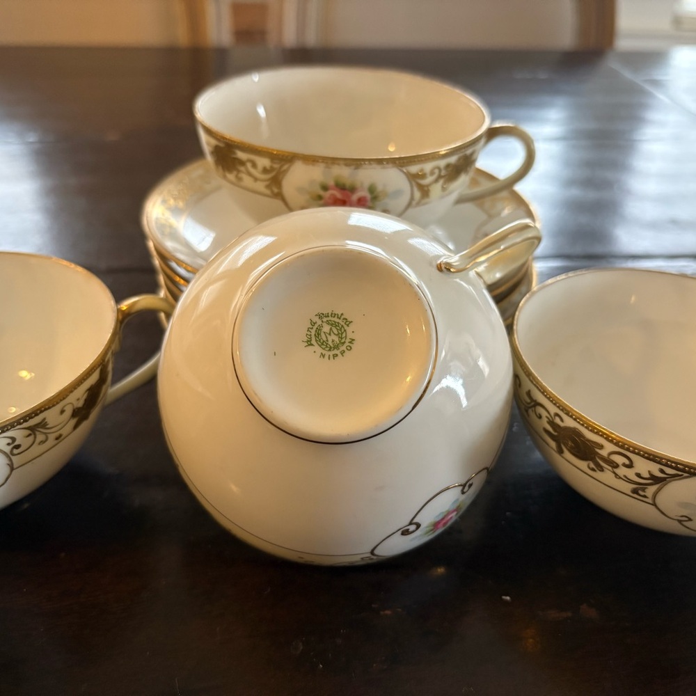 Antique Nippon Handpainted Bone China Cups & Saucers MINT